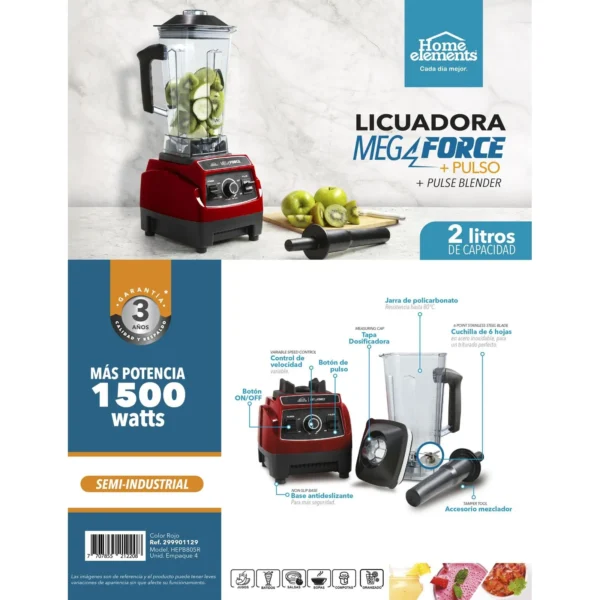 LICUADORA MEGA FORCE 1500W JARRA POLICARBONATO HOME ELEMENTS - Imagen 4