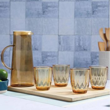 SET JARRA + 4 VASOS VIDRIO AMBAR